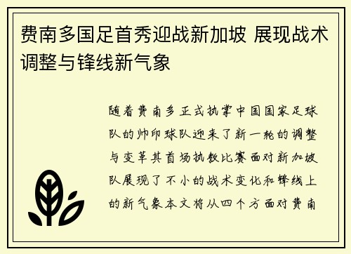 费南多国足首秀迎战新加坡 展现战术调整与锋线新气象 费南多国足首秀迎战新加坡 展现战术调整与锋线新气象